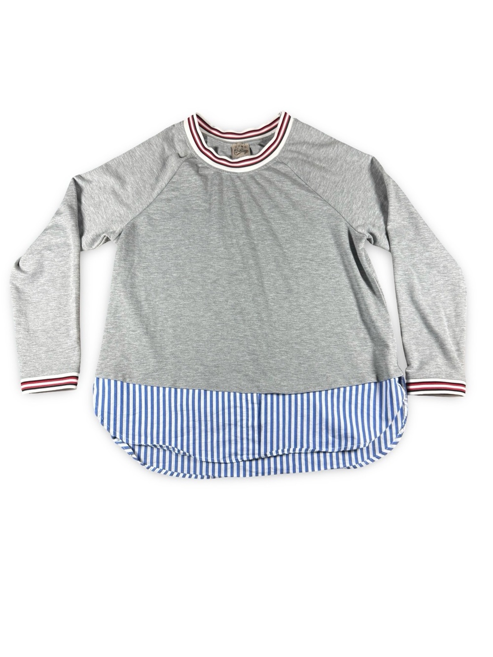 Sweater Top Gray Mixed Media Mock Layering Large Pullover Striped Hem Top‎